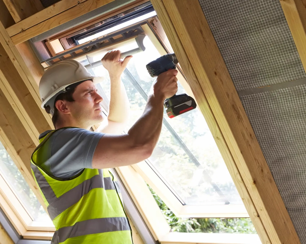 Construction Worker Using Drill To Install Window